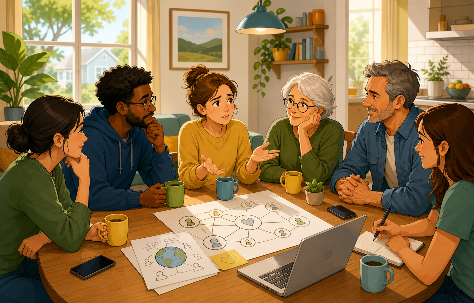 Illustration of people around a table wondering how ordinary people can help improve the internet together.
