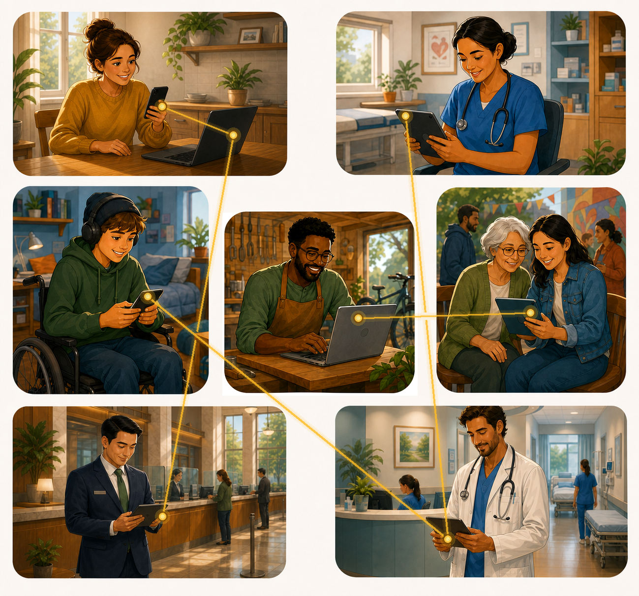 Illustration of different people in separate settings connected directly through a community-owned network.