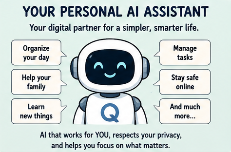 A friendly personal AI assistant helping organize daily life and stay safe online.